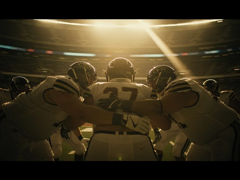Denver Broncos offensive lineman Ben Powers in a three-point stance at the line of scrimmage during 
