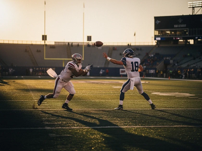 Drake Maye in New England Patriots uniform preparing to throw a pass during NFL offseason 2026