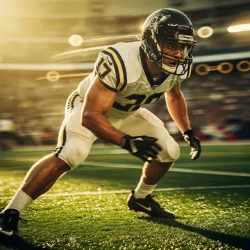 New York Giants linebacker in defensive stance at MetLife Stadium during NFL game