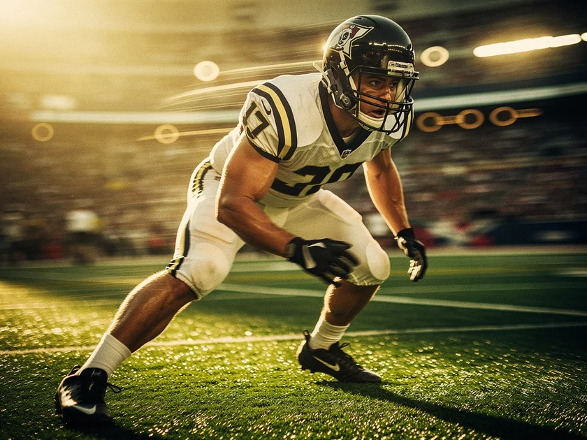 New York Giants linebacker in defensive stance at MetLife Stadium during NFL game
