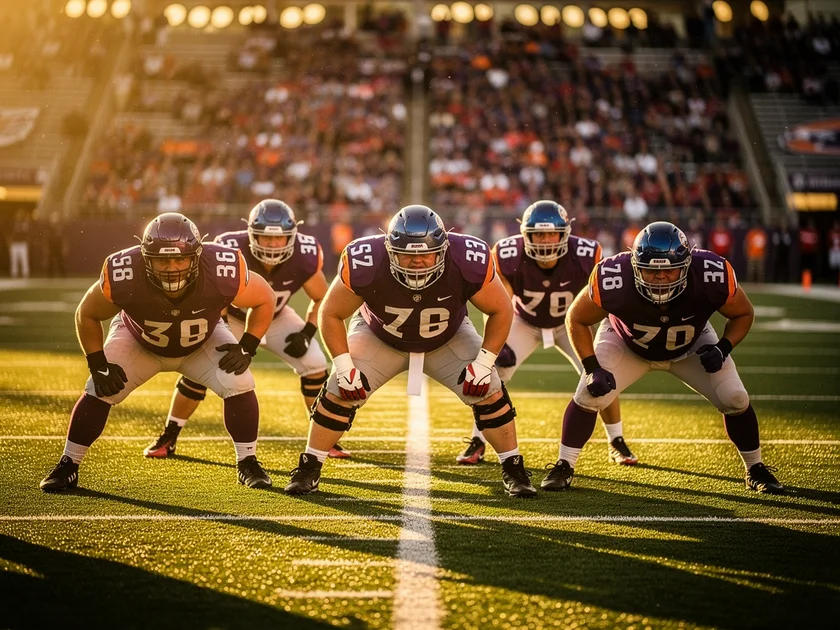 Baltimore Ravens offensive linemen in formation protecting Lamar Jackson during 2026 NFL Draft preparation